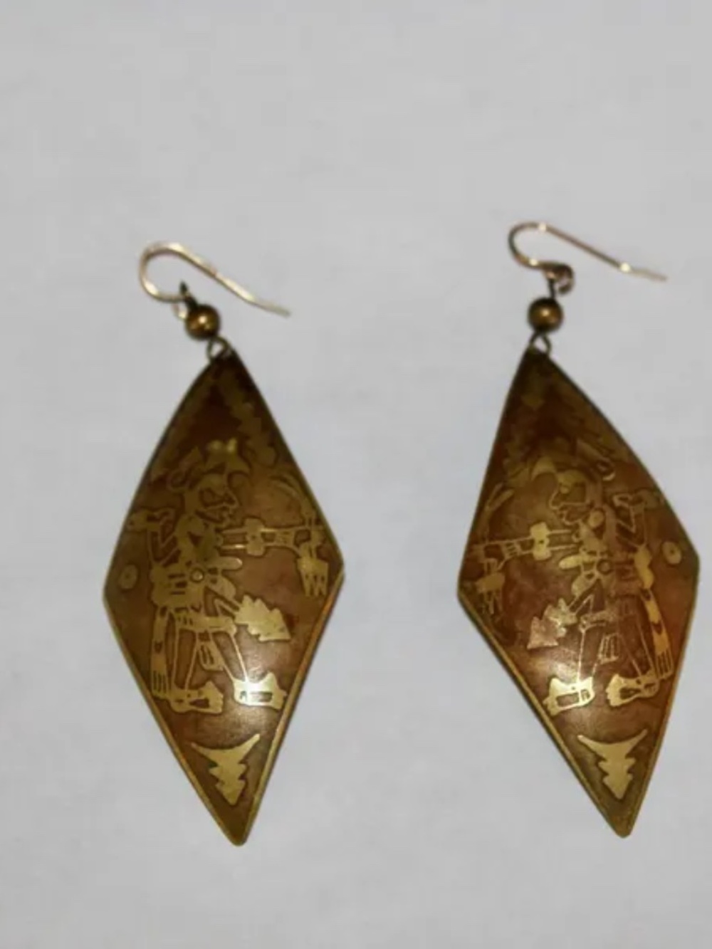 Vintage Brass Tribal Etched Diamond Shaped Dangle Earrings